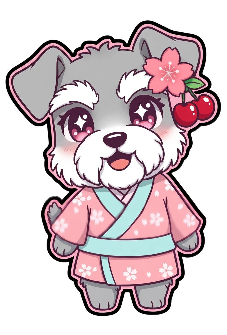 Mascota de Sakura Pop en kimono rosa con flor de sakura